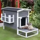 Bild 2 von Katzenhaus Katzenhütte Katzenhöhle Kleintierhaus mit Terrasse und Balkon für Katzen Hunde Tannenholz