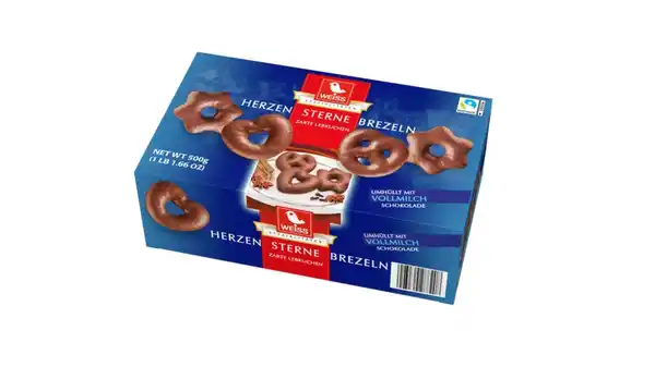 Bild 1 von WEISS Lebkuchen Herzen, Sterne, Brezeln mit Vollmilchschokolade