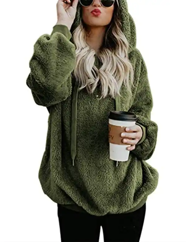 Bild 1 von iWoo Hoodie Damen Kapuzenpullover Teddy-Fleece Pullover Herbst Winter Warm Oberteil Langarm Einfarbig Casual Sweatshirt