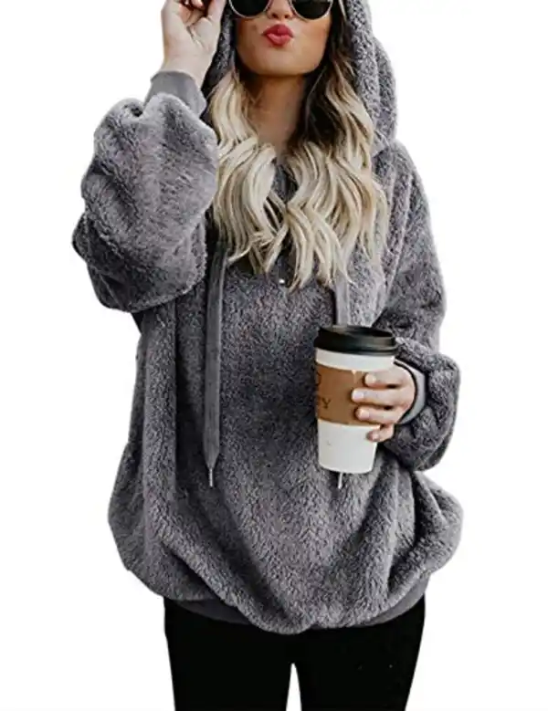 Bild 1 von iWoo Hoodie Damen Kapuzenpullover Teddy-Fleece Pullover Herbst Winter Warm Oberteil Langarm Einfarbig Casual Sweatshirt