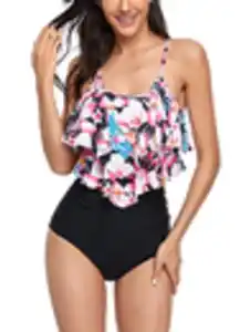 FLYILY Tankini High Waist Damen Zweiteiliger Bikini Set Badeanzug Rüschen Bedruckt Bademode mit Hoher Taille Bikinihose Tankini Oberteil Strandkleidung