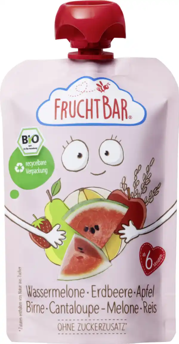 Bild 1 von FruchtBar Bio Fruchtpüree Wassermelone, Erdbeer, Apfel, Birne, Cantaloupe-Melone und Reis, 100 g