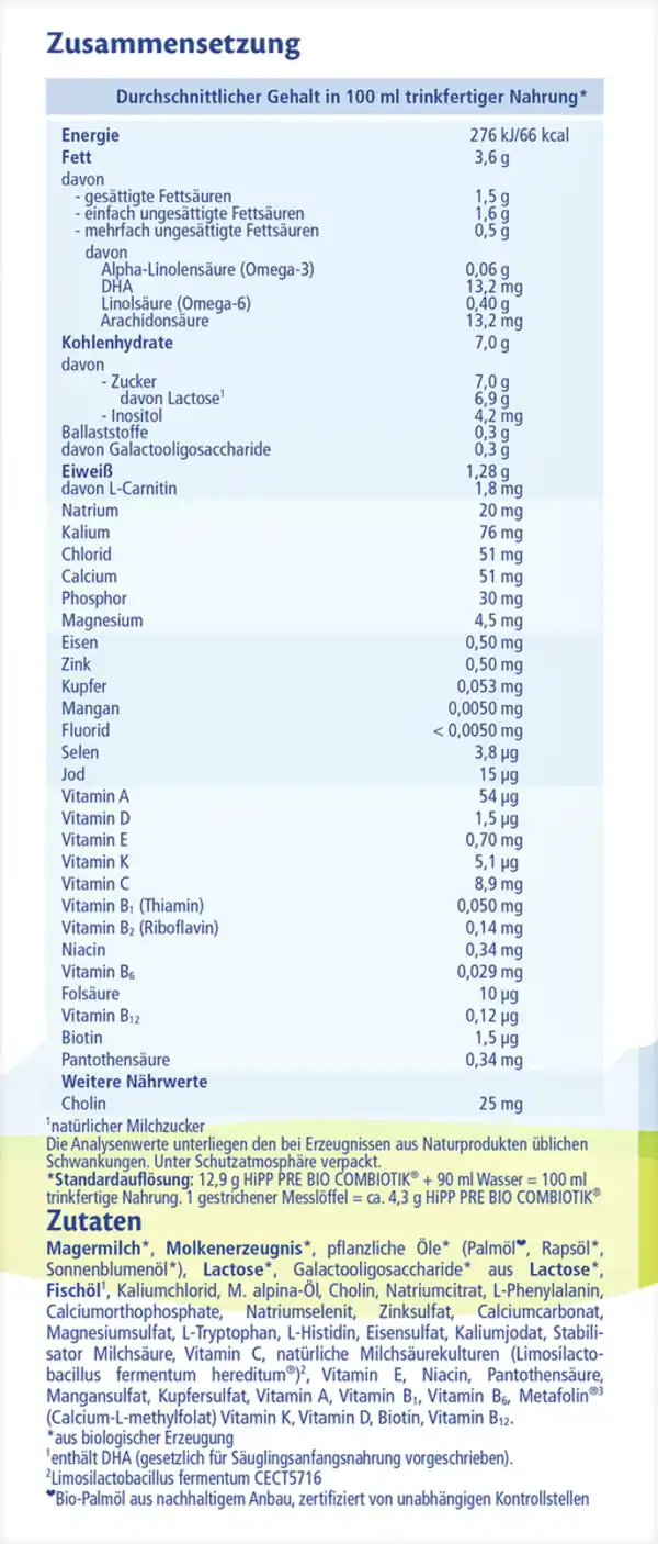 Bild 3 von HiPP Bio PRE Combiotik Anfangsmilch von Geburt an, 600 g