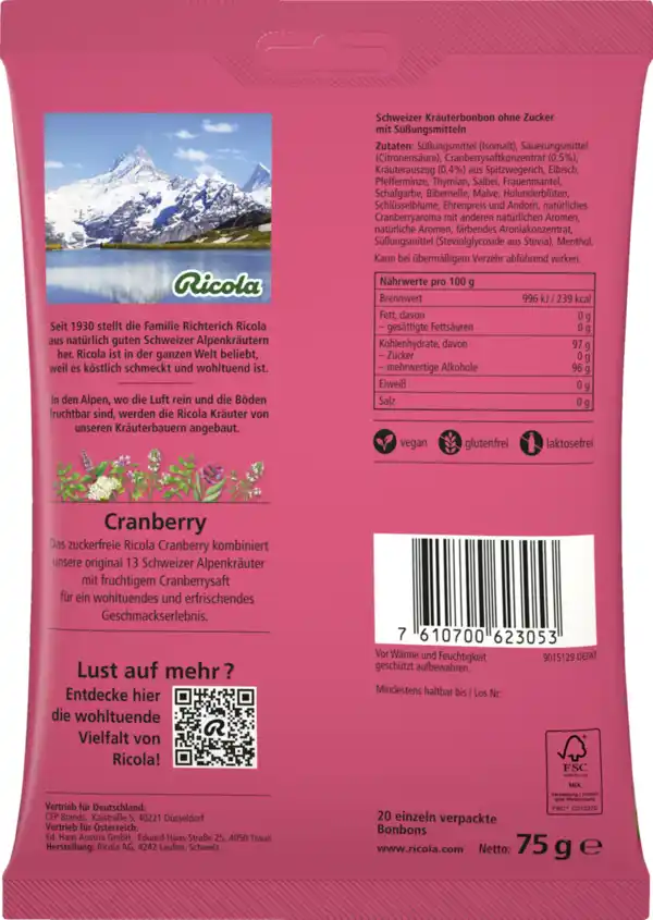 Bild 2 von Ricola Cranberry Bonbons zuckerfrei 75g, 75 g