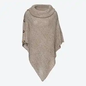 Damen-Strickponcho mit Knöpfen, Beige