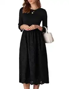 GRACE KARIN Damen Kleid Rundhalsausschnitt Freizeitkleid 3/4-Ärmel A-Linien-Kleid Ausgehöhltes Midikleid Elegantes Einfarbiges Kleid mit Hoher Taille und Taschen Kleider für Hochzeitsgäste