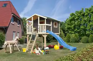 Karibu Stelzenhaus "Benjamin" SET AKTION2 terragrau mit Rutsche blau