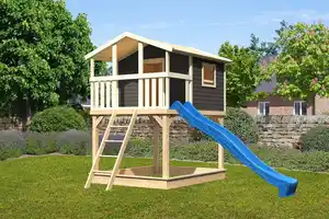 Karibu Stelzenhaus "Benjamin" SET AKTION2 terragrau mit Rutsche blau