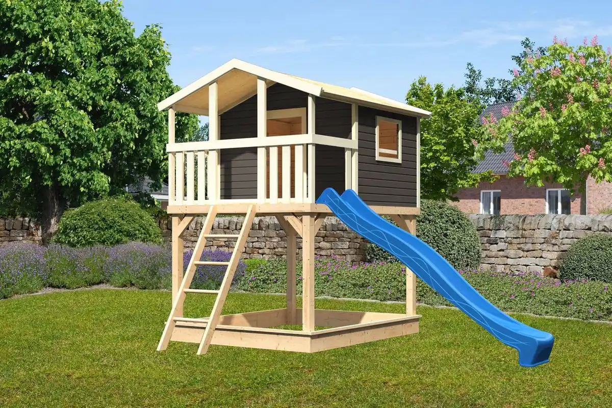 Bild 1 von Karibu Stelzenhaus "Benjamin" SET AKTION2 terragrau mit Rutsche blau