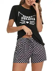 Uniexcosm Schlafanzug Damen Kurz Baumwolle Zweiteiliger Pyjama Set Kurzarm Nachtwäsche Wimperndruck Sleepwear Hausanzug Loungewear