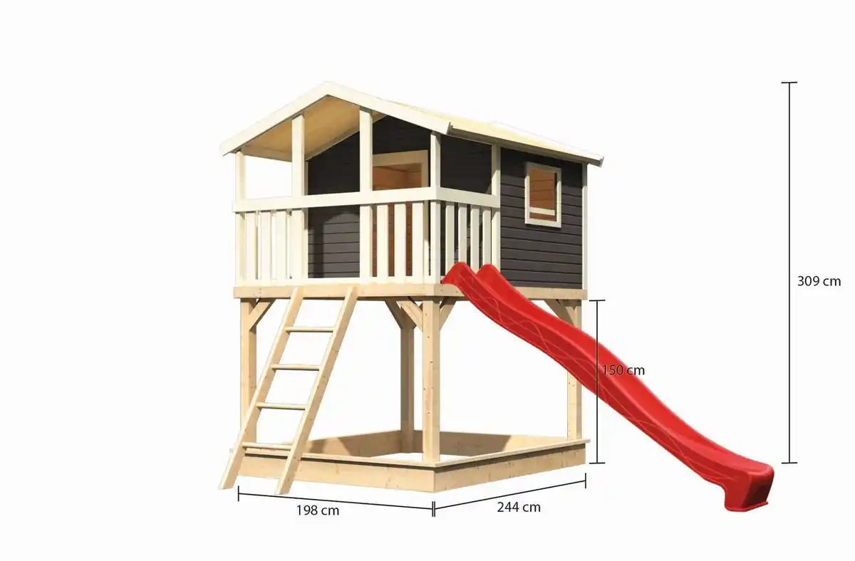 Bild 2 von Karibu Stelzenhaus "Benjamin" SET AKTION2 terragrau mit Rutsche rot