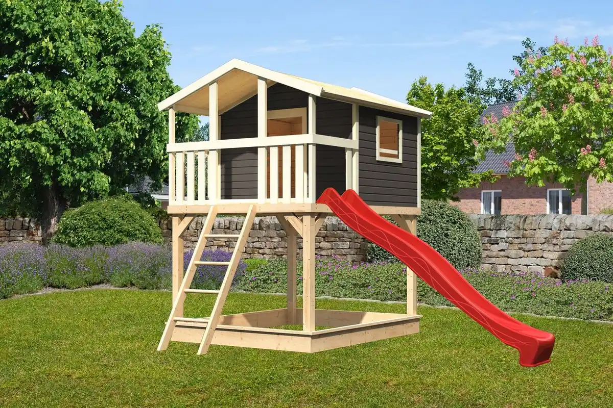 Bild 1 von Karibu Stelzenhaus "Benjamin" SET AKTION2 terragrau mit Rutsche rot