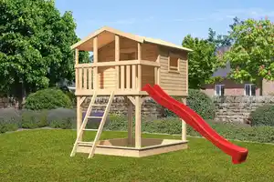 Karibu Stelzenhaus "Benjamin" SET AKTION2 naturbelassen mit Rutsche rot