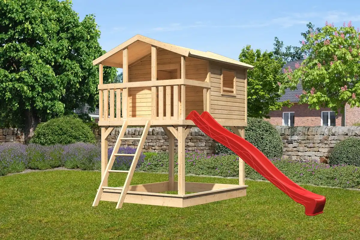 Bild 1 von Karibu Stelzenhaus "Benjamin" SET AKTION2 naturbelassen mit Rutsche rot