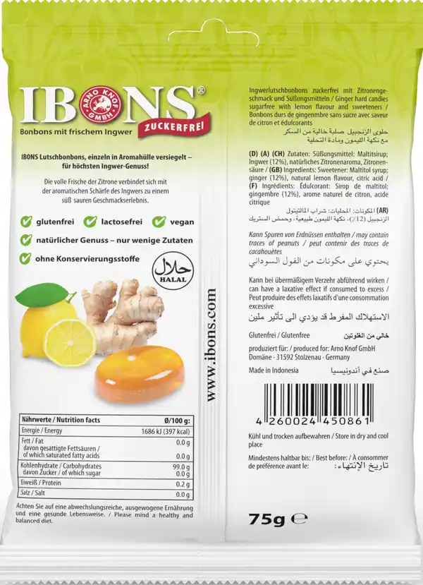 Bild 2 von IBONS Ingwer-Zitrone Kaubonbons, 75 g