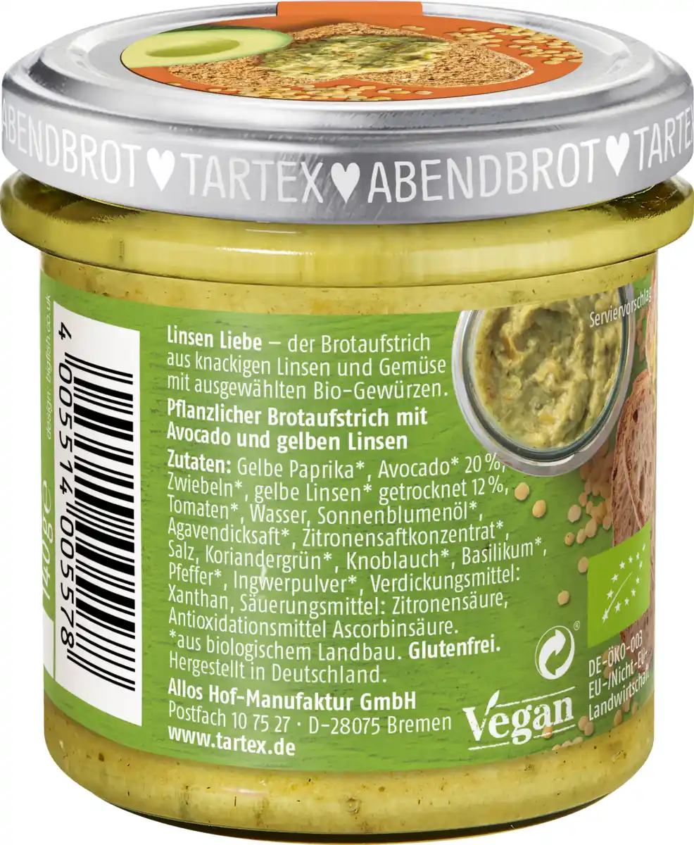 Bild 2 von Tartex Bio Gelbe Linse Avocado Abendbrotaufstrich, 140 g