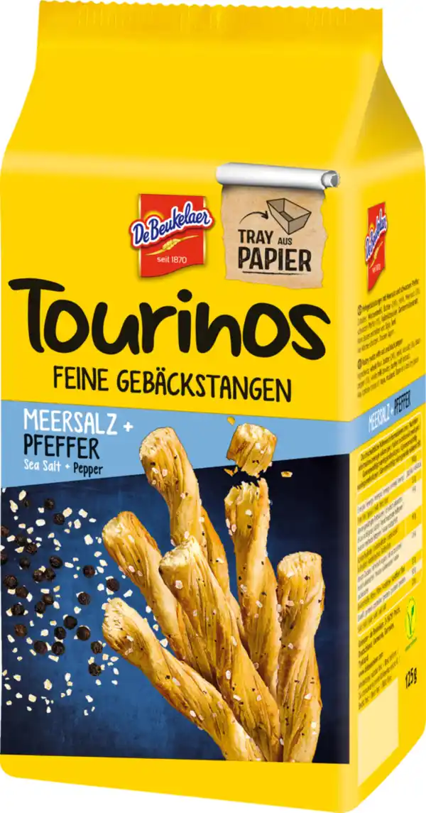 Bild 1 von De Beukelaer Tourinos Feine Gebäckstangen Meersalz & schwarzer Pfeffer, 125 g