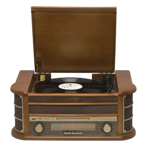 Bild 1 von Denver MCR-50MK2 Retro Plattenspieler aus Holz mit Radio CD Kassette USB MP3