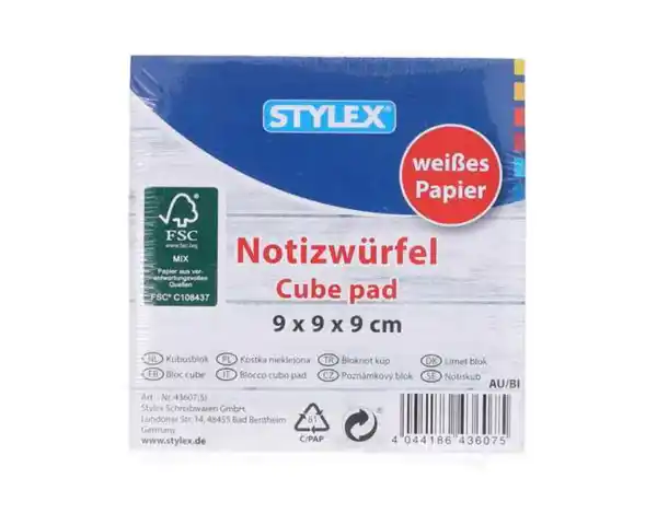 Bild 1 von STYLEX®  Notizwürfel Notizzettelblock geleimt weiß 9 x 9 x9 cm 1000 Blatt