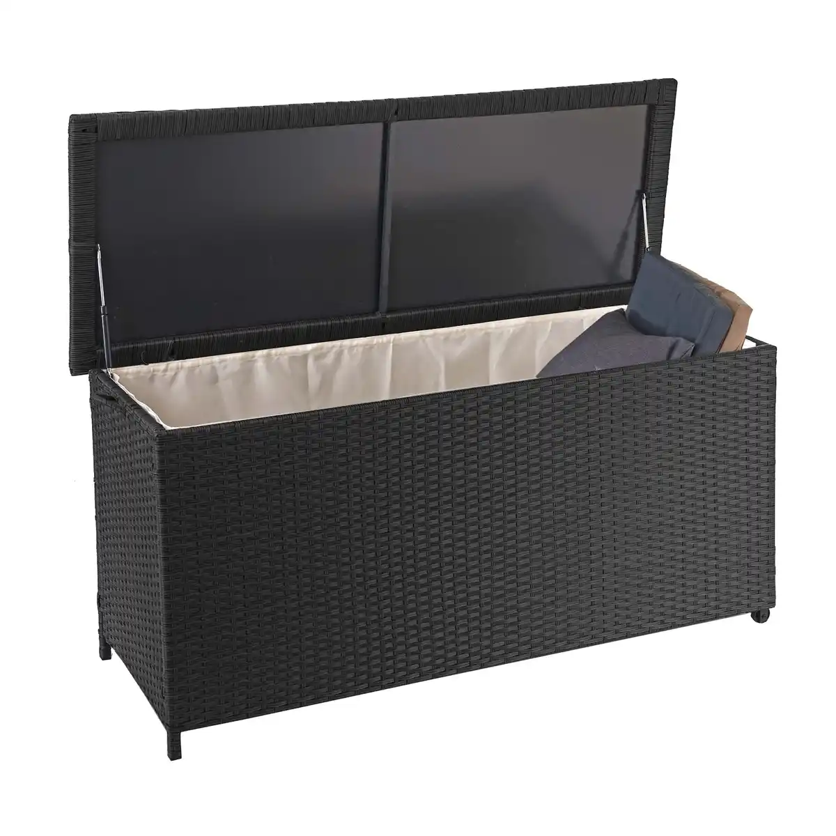Bild 1 von Poly-Rattan Kissenbox MCW-D88, Gartentruhe Auflagenbox Truhe ~ Premium schwarz, 63x135x52cm 320l