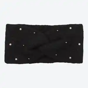 Damen-Strickstirnband mit Perlen, Black