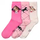 Bild 1 von 3 Paar Mädchen Socken mit  Pferde-Motiven ROSA / PINK / CREMEWEISS