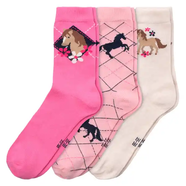 Bild 1 von 3 Paar Mädchen Socken mit  Pferde-Motiven ROSA / PINK / CREMEWEISS