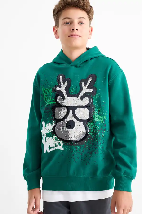 Bild 1 von C&A Rentier-Weihnachts-Hoodie-Glanz-Effekt, Grün, Größe: 128
