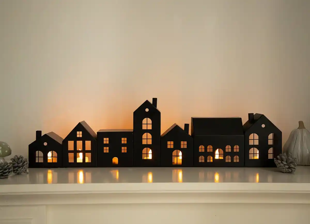 Bild 1 von Metall-Häuserzeile 72cm Die Häuserzeile besteht aus hochwertigem Metall und ist in elegantem Schwarz lackiert.