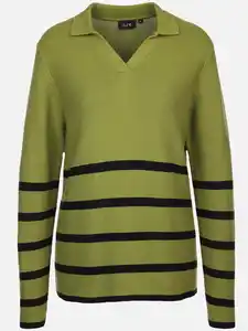 Damen Pullover mit Polokragen und Streifen Grün