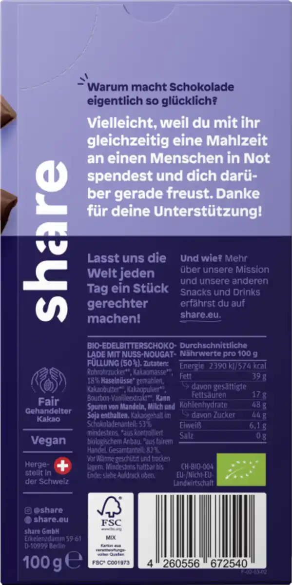 Bild 2 von share Bio Schokoladentafel Edelbitter Nougat, 100 g
