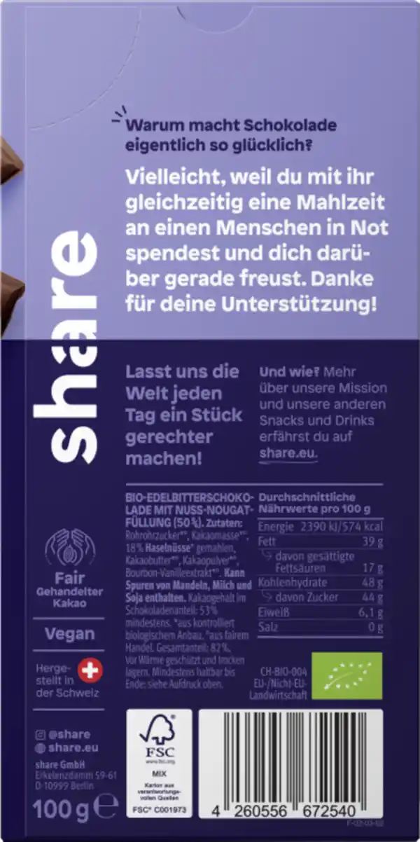 Bild 2 von share Bio Schokoladentafel Edelbitter Nougat, 100 g