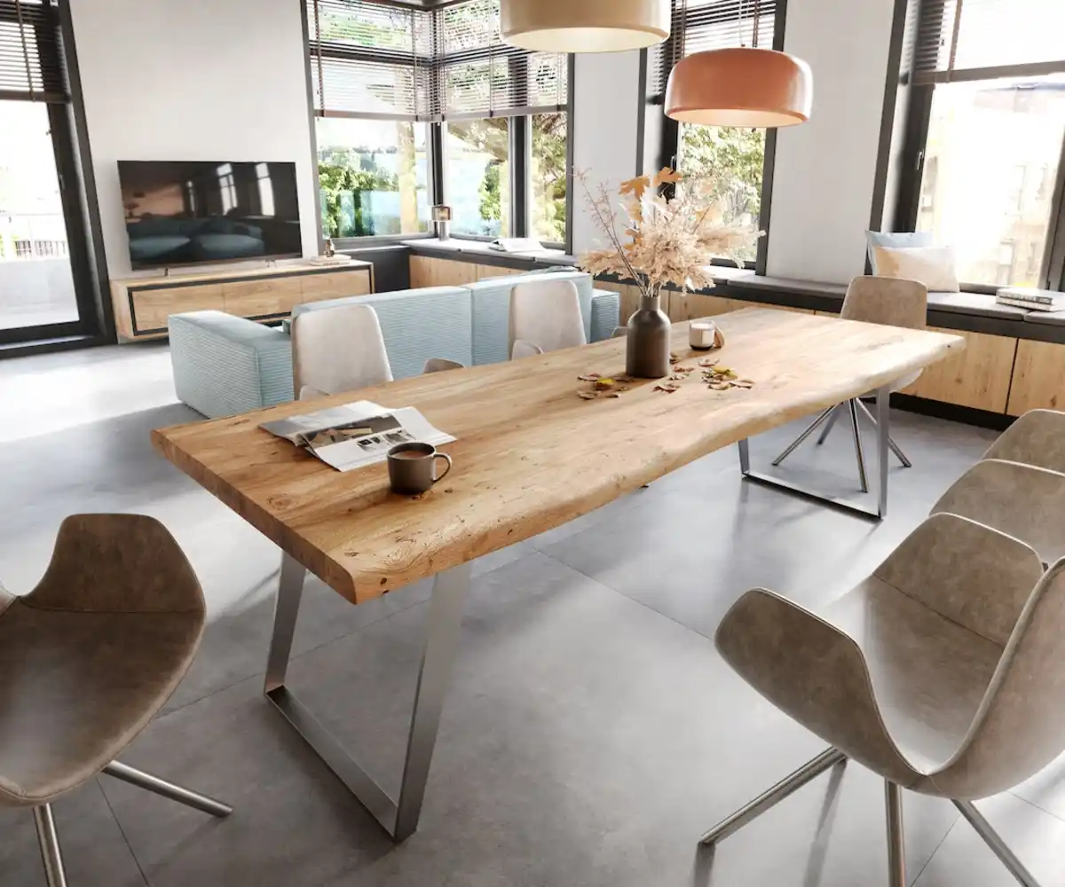 Bild 1 von Esstisch Edge 260x100cm XL Akazie Natur Edelstahl Silber schräg Live-Edge