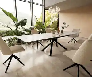 Esstisch Edge 200-300x100 Keramik Calacatta Luxe Weiß-Gold-Grau Kreuzgestell Rechteck Schwarz ausziehbar