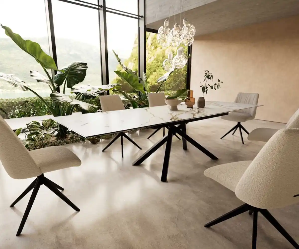 Bild 1 von Esstisch Edge 200-300x100 Keramik Calacatta Luxe Weiß-Gold-Grau Kreuzgestell Rechteck Schwarz ausziehbar