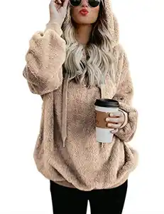 iWoo Hoodie Damen Kapuzenpullover Teddy-Fleece Pullover Herbst Winter Warm Oberteil Langarm Einfarbig Casual Sweatshirt