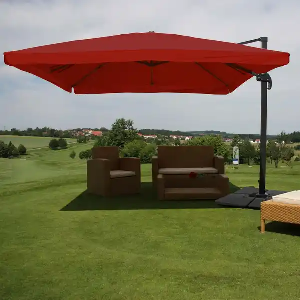 Bild 1 von Gastronomie-Ampelschirm MCW-A96, 3,5x3,5m (Ø4,95m) Polyester/Alu 25kg ~ Flap, bordeaux mit Ständer, drehbar