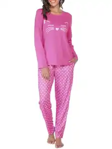 Reliwel Schlafanzug Damen Lang Baumwolle Pyjama Set Zweiteiliger Rundhals Oberteil und Schlafanzughose Süßer Katzendruck Sleepewear Loungewear Herbst Winter Hausanzug Freizeitanzug