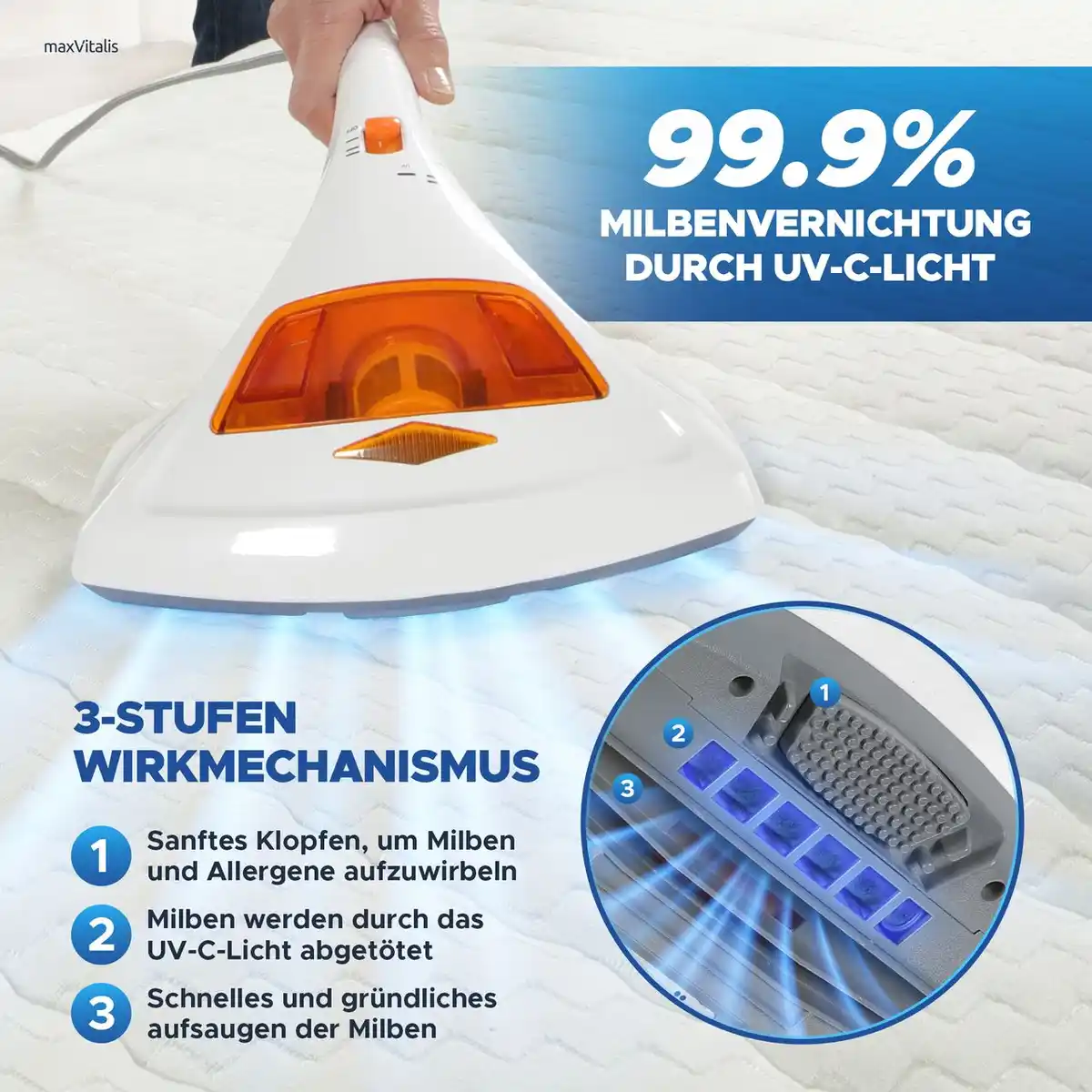 Bild 3 von Milben-Handstaubsauger UV-C Licht, Sterilisation u. Reinigung, Matratzensauger, HEPA-Filtration vern