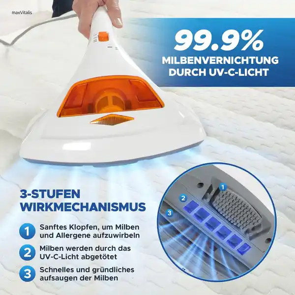 Bild 3 von Milben-Handstaubsauger UV-C Licht, Sterilisation u. Reinigung, Matratzensauger, HEPA-Filtration vern