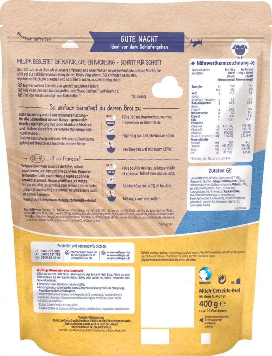 Bild 2 von Milupa Milchbrei Sanfter Start Gute Nacht, nach dem 5. Monat, 400 g