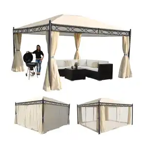 Pergola Calpe, Garten Pavillon, stabiles 7cm-Gestell mit Seitenwand + Moskitonetz ~ creme 4x3m