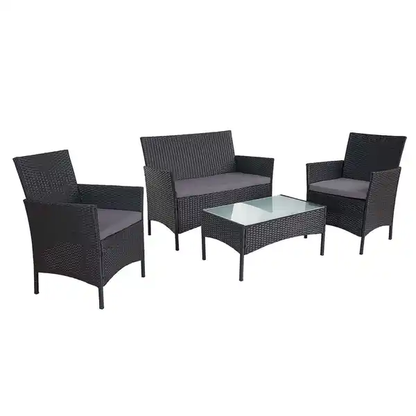 Bild 1 von 2-1-1 Poly-Rattan Garten-Garnitur Hamar, Sitzgruppe Lounge-Set Sofa ~ anthrazit, Kissen anthrazit