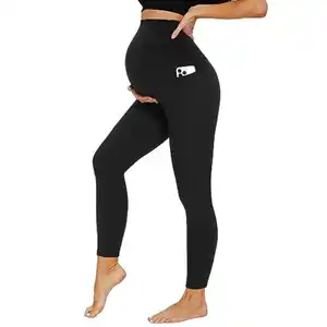 DDOBB Damen Umstandsleggings mit Taschen High Waist Umstandshose Blickdichte Schwangerschaftsleggings Weich Elastisch Umstandsmode Zuhause Yoga Sport