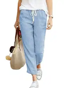 Hose Damen Leinen Sommerhose 7/8 Casual Leichte Baumwolle Leinenhose Stoffhose Bequeme Luftige Freizeithose Strandhose Mit Taschen