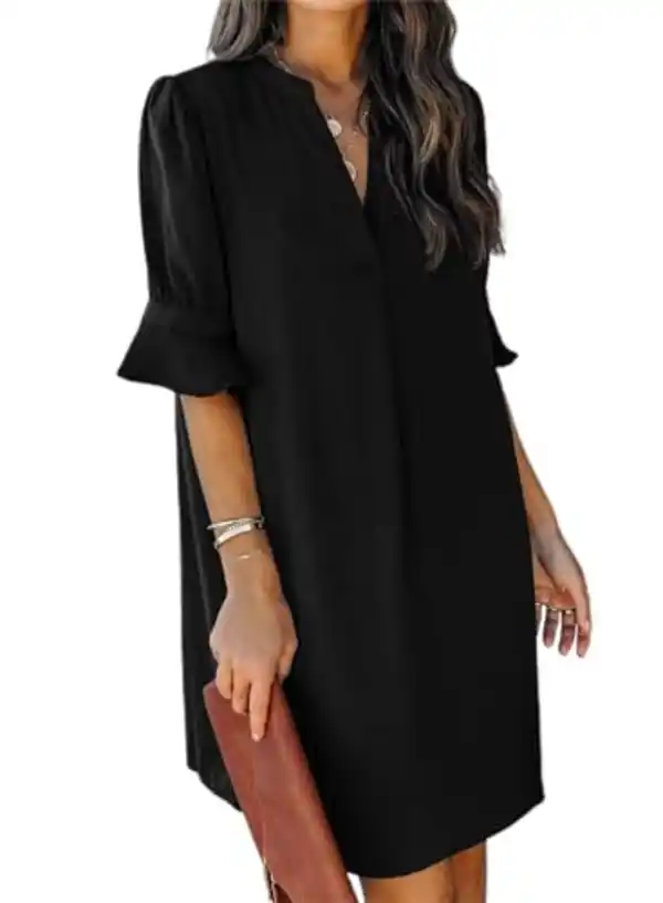 Bild 1 von JOCAFIYE Frauen V-Ausschnitt Rüschen Hemdkleid Einfarbige Casual Sommer Kurzes Einfarbig Kleid S-XXL