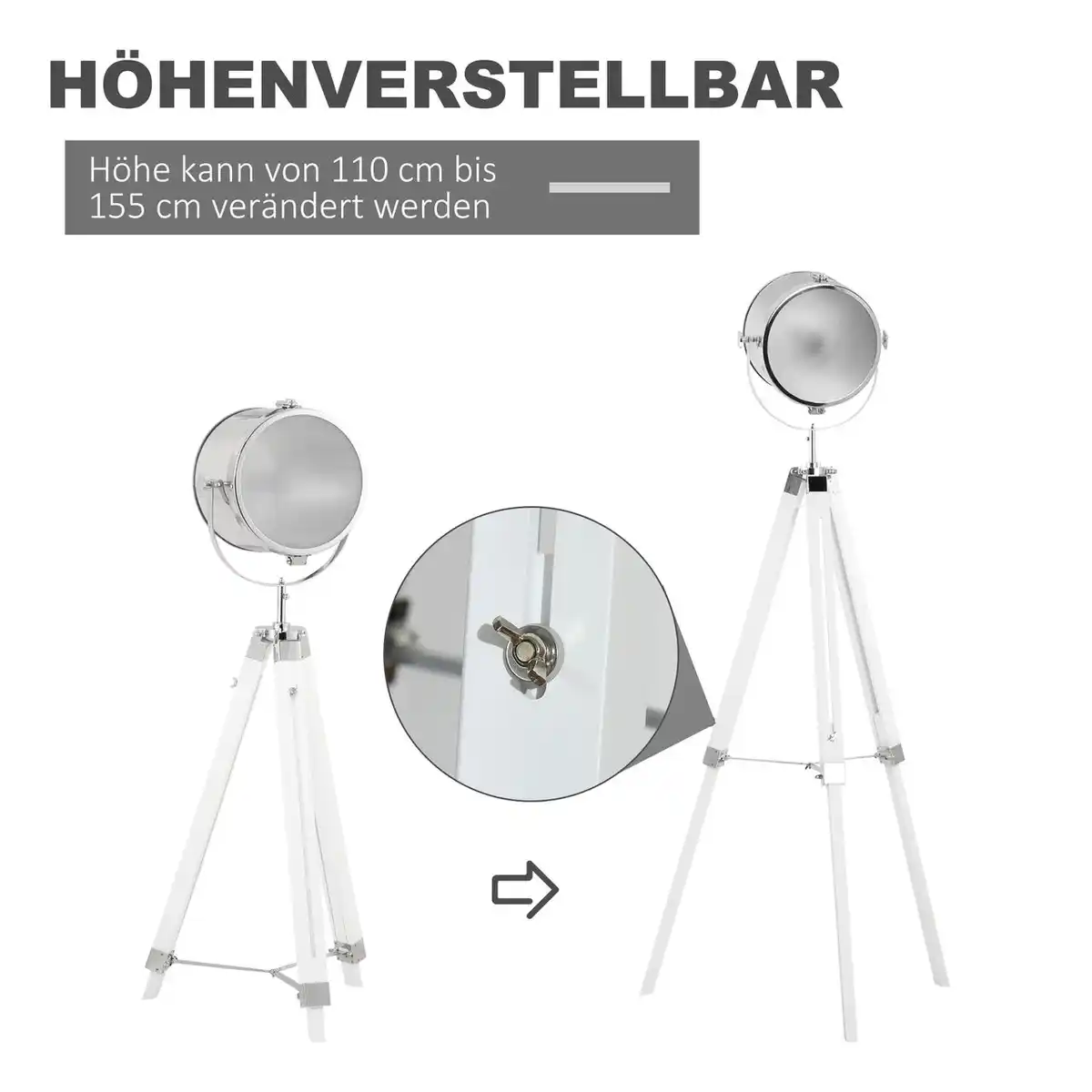 Bild 4 von Stehlampe Stehleuchte mit Dreibein Stativ aus Holz 100-140 cm höhenverstellbar mit 180° Drehbarem La