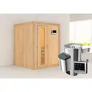 Karibu Elementsauna 'Paula' naturbelassen mit Energiespartür 3,6 kW Ofen externe Steuerung Easy 151 x 151 x 198 cm