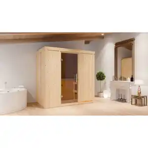 Karibu Elementsauna 'Aina' naturbelassen mit graphitfarbener Tür 9 kW Bio-Ofen externe Steuerung Easy 196 x 118 x 198 cm