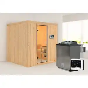 Karibu Elementsauna 'Belinda' naturbelassen 9 kW Bio-Ofen mit externe Steuerung 196 x 178 x 198 cm